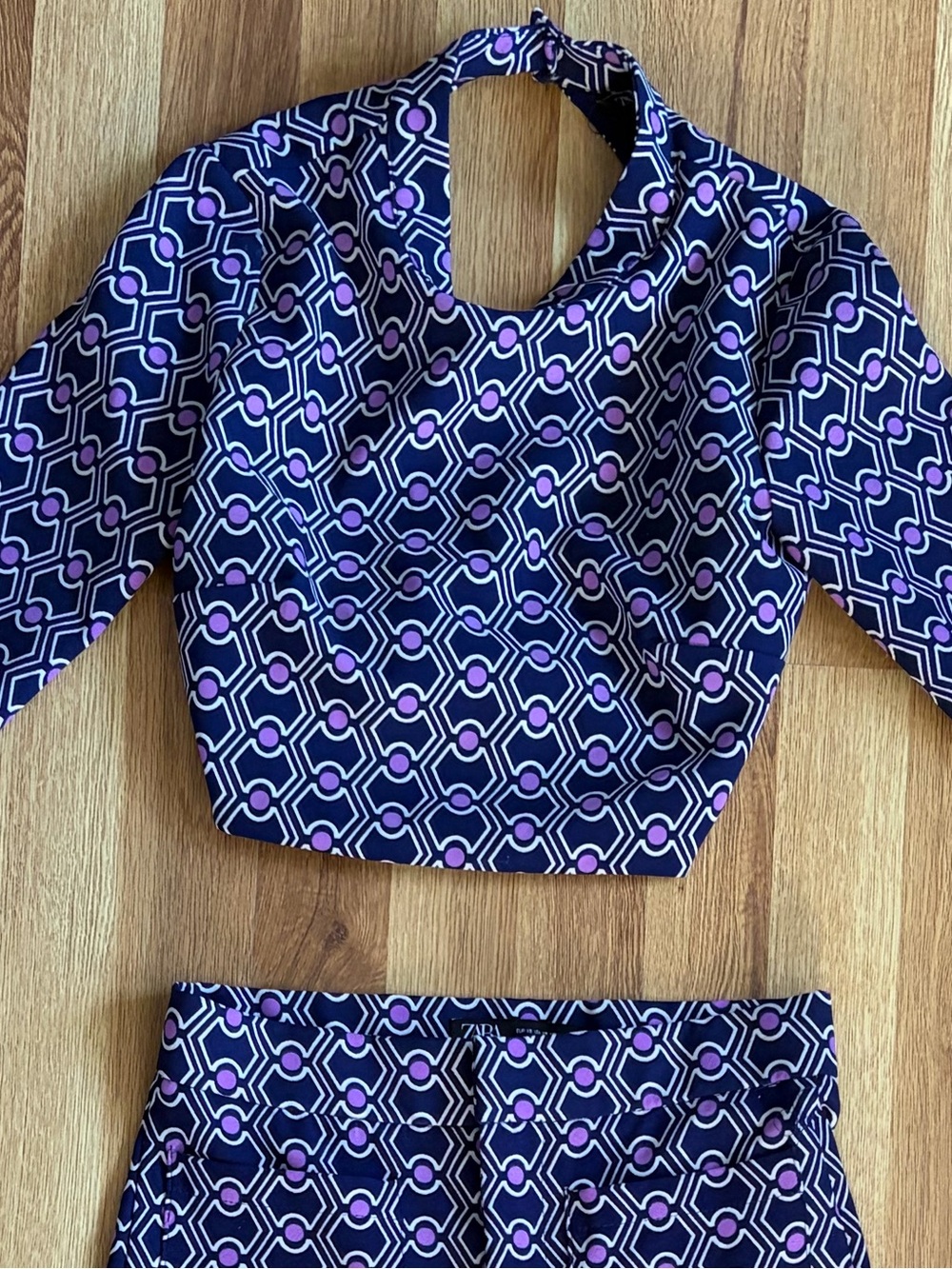 Zara Purple Geometric Crop Top & Flare Pants Set